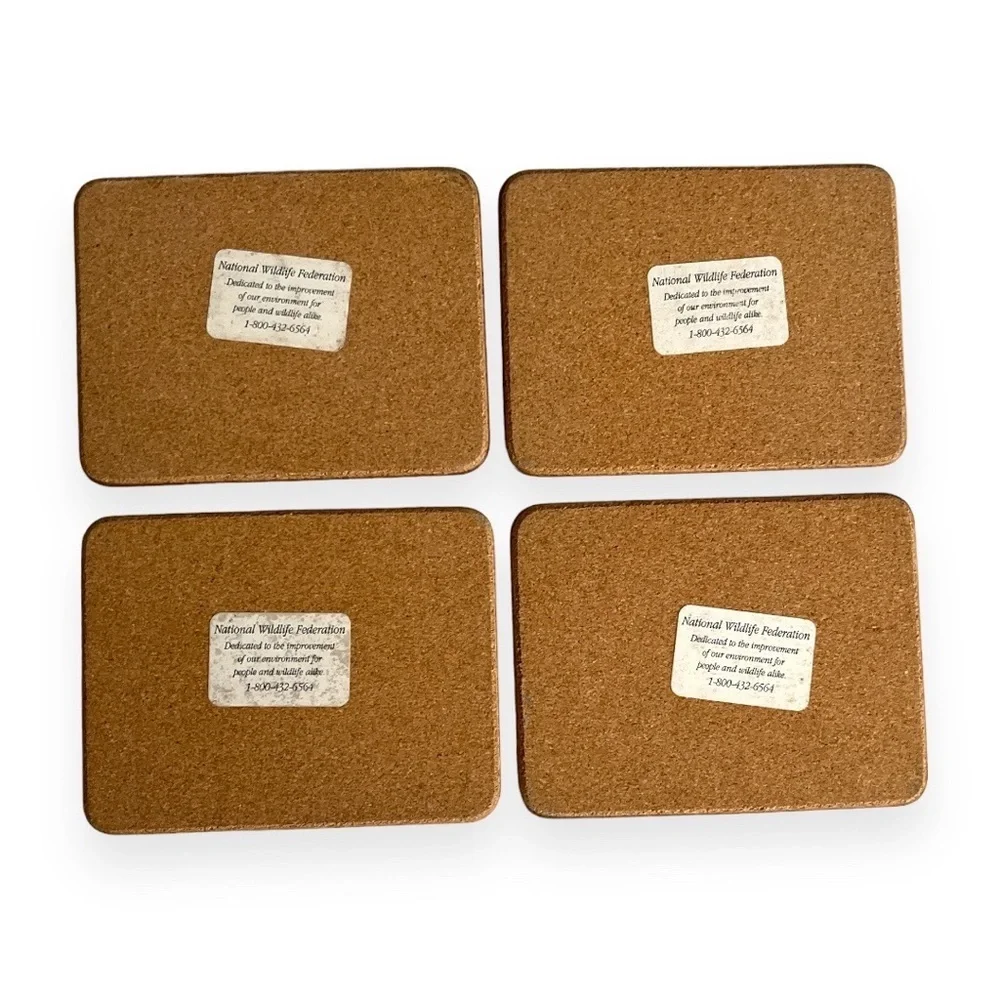 National Wildlife Federation Coasters Set of 4 Tiger Leopard Hardboard Cork 1993